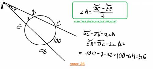 Из точки вне окружности проведены две секущие, угол между которыми равен 32 градуса. большая дуга, о
