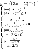 y=((3x-2)^{-5})^{\frac{1}{5} }\\\left \{ {{y=(3x-2)^{-1}} \atop {(3x-2)^{-5}\geq 0}} \right. \\\left \{ {{y=\frac{1}{3x-2} } \atop {\frac{1}{3^5*(x-2/3)^5} \geq 0}} \right. \\\left \{ {{y=\frac{1}{3(x-2/3)} } \atop {x-2/30}} \right. \\\left \{ {{y=\frac{1/3}{x-2/3} } \atop {x2/3}} \right.