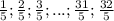 \frac{1}{5}; \frac{2}{5}; \frac{3}{5};...; \frac{31}{5}; \frac{32}{5}