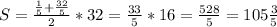 S= \frac{ \frac{1}{5}+ \frac{32}{5} }{2}*32 = \frac{33}{5}*16= \frac{528}{5}=105 \frac{3}{5}