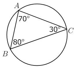 Вершины треугольника авс лежат на окружности, угл а равен 70 градусов, угл с равен 30 градусов. чему