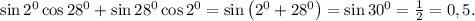 \sin2^0\cos28^0+\sin28^0\cos2^0=\sin\left(2^0+28^0\right)=\sin30^0=\frac12=0,5.