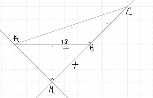 Угол авс=120 градусов. из точки а проведен перепендикуляр ам к прямой вс. найти вм если ав=18