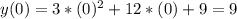 y(0)=3*(0)^2+12*(0)+9=9