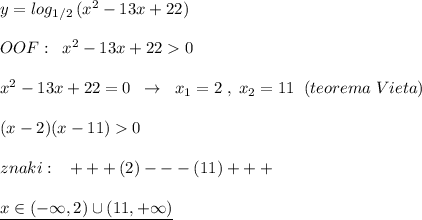 y=log_{1/2}\, (x^2-13x+22)\\\\OOF:\; \; x^2-13x+220\\\\x^2-13x+22=0\; \; \to \; \; x_1=2\; ,\; x_2=11\; \; (teorema\; Vieta)\\\\(x-2)(x-11)0\\\\znaki:\; \; \; +++\, (2)---(11)+++\\\\\underline {x\in (-\infty ,2)\cup (11,+\infty )}