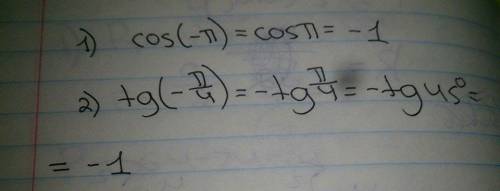 Стригонометрией,вычислите: 1) cos(-π) 2) tg(-π/4)