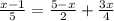 \frac{x-1}{5} = \frac{5-x}{2} + \frac{3x}{4}