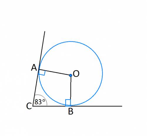 Вугол с величиной 83градусп вписаная окружность которая касается сторон угла в точках а и в.найдите