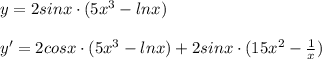 y=2sinx\cdot (5x^3-lnx)\\\\y'=2cosx\cdot (5x^3-lnx)+2sinx\cdot (15x^2-\frac{1}{x})