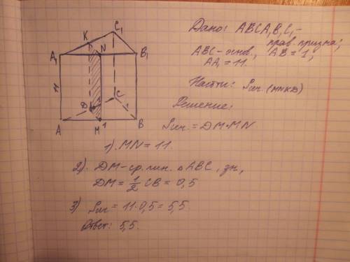 Вправильной треугольной призме авса1в1с1 стороны оснований равны 1, боковые ребра равны 11. найдите