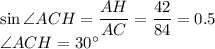 \sin \angle ACH=\dfrac{AH}{AC} =\dfrac{42}{84} =0.5\\ \angle ACH=30а