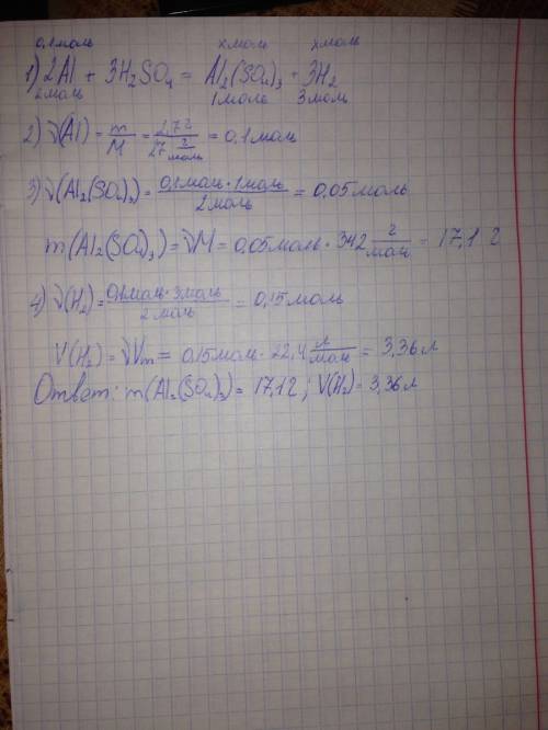 Найти объем водорода и массу соли,которые получатся при взаимодействии 2,7 г алюминия с серной кисло