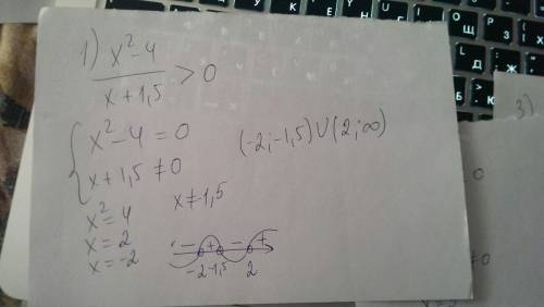 Решите неравенства 1)x^2-4 дробь x+1,5> =0 2)1/3-x дробь x^2-8=< 0 3)72-2x^2 дробь x+9> =0