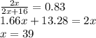 \frac{2x}{2x+16}=0.83 \\ 1.66x+13.28=2x \\ x=39