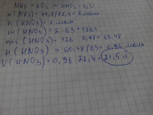 Сколько литров азотной кислоты с массовой долей hno3 48% можно получить из аммиака объемом 44,8 л (н