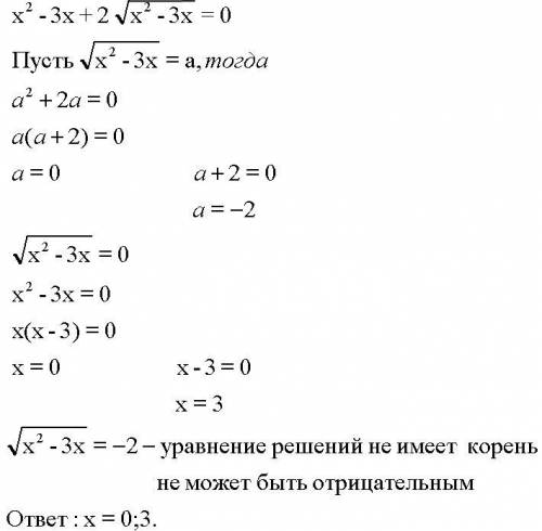 X^2-3x+2*(корень квадратный из х^2-3х)=0 подробно, .