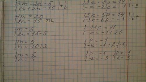 Решите до завтра! система уравнений 1) 3m-2n= 5 m+2n=15 2) 3k-5p=14 -k-2p=-1