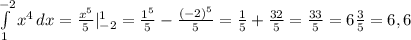 \int\limits^{-2}_1 {x^4} \, dx = \frac{x^5}{5}|_{-2}^1= \frac{1^5}{5}- \frac{(-2)^5}{5}= \frac{1}{5} + \frac{32}{5}= \frac{33}{5}=6 \frac{3}{5}=6,6