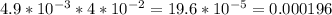 4.9*10 ^{-3} *4*10 ^{-2} =19.6*10 ^{-5} =0.000196