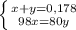 \left \{ {{x+y=0,178} \atop {98x = 80y}} \right.