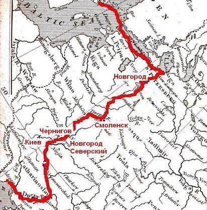 По реке дважды обозначенной на схеме цифрой 1 проходил торговый путь из варяг в греки