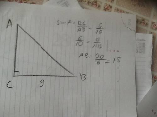 Втреугольнике авс уголс равен 90°, вс = 9, sina=0,6.найдите ав