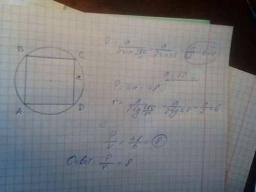 Радиус окружности, описанной около правильного четырёхугольника равен 6√2. вычислите отношение перим