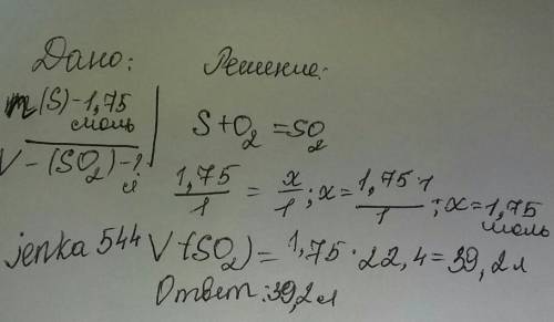 Спалили сірку кількістю речовини 1,75 моль. який об'єм сульфур (iv) оксиду (н.у.) при цьому утворивс