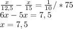 \frac{x}{12,5} - \frac{x}{15} = \frac{1}{10} /*75 \\ 6x-5x=7,5 \\ x=7,5