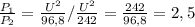 \frac{ P_{1} }{P_{2}} = \frac{ U^{2} }{96,8} /\frac{ U^{2} }{242}= \frac{242}{96,8} =2,5