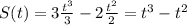 S(t)=3 \frac{t^3}{3} -2 \frac{t^2}{2} =t^3-t^2