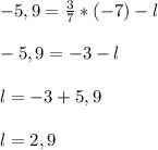 -5,9= \frac{3}{7}*(-7)-l \\ \\ -5,9=-3-l \\ \\ l=- 3 +5,9\\ \\ l=2,9