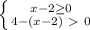 \left \{ {{x-2 \geq 0 \atop {4-(x-2)\ \textgreater \ 0}} \right.