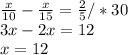 \frac{x}{10} - \frac{x}{15} = \frac{2}{5} / *30 \\ &#10;3x-2x=12 \\ x=12&#10;