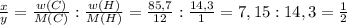 \frac{x}{y} = \frac{w(C)}{M(C)} : \frac{w(H)}{M(H)} = \frac{85,7}{12}: \frac{14,3}{1} = 7,15:14,3 = \frac{1}{2}