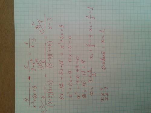 Решите уравнение 4/x2+6x+9-6/9-x2=1/x-3