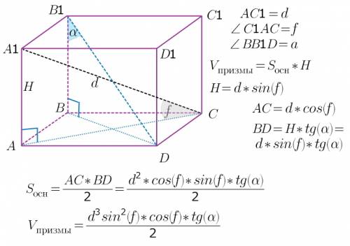 Восновании прямой призмы лежит ромб.большая диагональ призмы равна d и наклонена к плоскости основан
