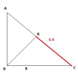 Катет прямоугольника треугольника равен 8 см, а его проекция на гипотенузу равна 6.4. чему равна пло