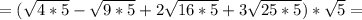 =( \sqrt{4*5} - \sqrt{9*5} +2 \sqrt{16*5} +3 \sqrt{25*5} )* \sqrt{5} =