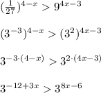 ( \frac{1}{27}) ^{4-x}9 ^{4x-3} \\ \\ (3 ^{-3})^{4-x}(3^{2})^{4x-3} \\ \\ 3 ^{-3\cdot (4-x)}3 ^{2\cdot(4x-3)} \\ \\ 3 ^{-12+3x}3 ^{8x-6}