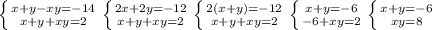 \left \{ {{x+y-xy=-14} \atop {x+y+xy=2}} \right. \left \{ {{2x+2y=-12} \atop {x+y+xy=2}} \right. \left \{ {{2(x+y)=-12} \atop {x+y+xy=2}} \right. \left \{ {{x+y=-6} \atop {-6+xy=2}} \right. \left \{ {{x+y=-6} \atop {xy=8}} \right.