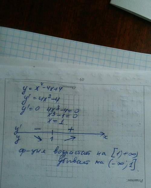 Найти промежутки возрастанию и убывания функции y=x4-4x+4