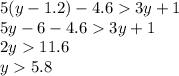 5(y-1.2)-4.63y+1 \\ 5y-6-4.63y+1 \\ 2y11.6 \\ y5.8