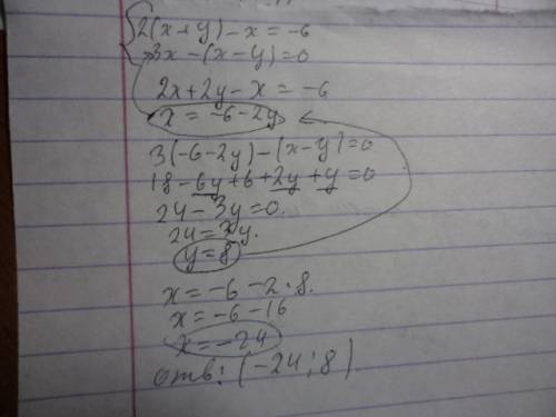 Решите систему уравнений подстановки: {2(x+y)-x=-6 {3x-(x-y)=0