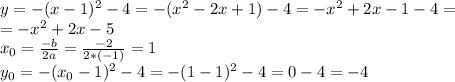 y=-(x-1)^2-4=-(x^2-2x+1)-4=-x^2+2x-1-4= \\ =-x^2+2x-5 \\ x_0= \frac{-b}{2a}= \frac{-2}{2*(-1)}=1 \\ y_0=-(x_0-1)^2-4=-(1-1)^2-4=0-4=-4