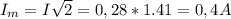 I_{m} = I \sqrt{2} = 0,28*1.41= 0,4A