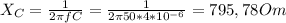 X_{C} = \frac{1}{2 \pi fC} = \frac{1}{2 \pi 50*4* 10^{-6} }=795,78Om