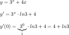 y=3^{x}+4x\\\\y'=3^{x}\cdot ln3+4\\\\y'(0)=\underbrace {3^0}_{1}\cdot \, ln3+4=4+ln3