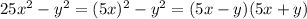 25x^2-y^2=(5x)^2-y^2=(5x-y)(5x+y)