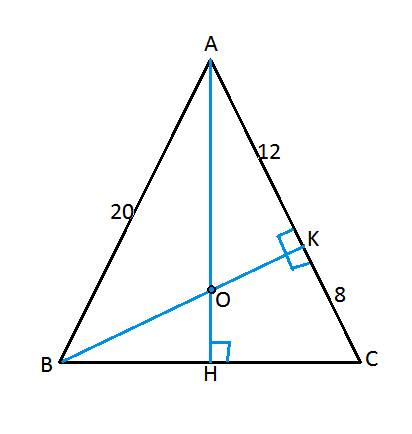 Высоты ah и bk равнобедренного треугольника abc с основанием bc пересекаются в точке o,ak= 12,kc = 8